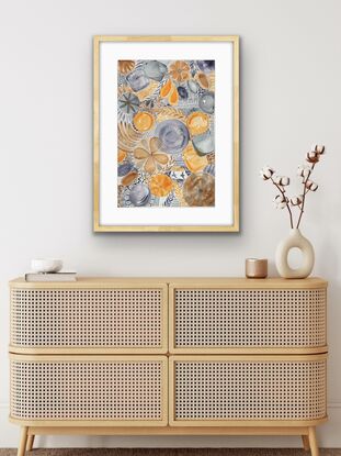 Patterns and lines in apricot, blue and brown with ink mark making, flowers and petals