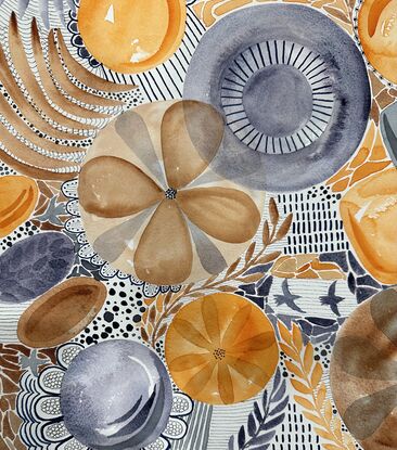 Patterns and lines in apricot, blue and brown with ink mark making, flowers and petals