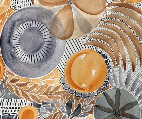 Patterns and lines in apricot, blue and brown with ink mark making, flowers and petals