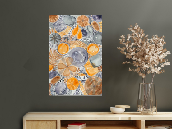 Patterns and lines in apricot, blue and brown with ink mark making, flowers and petals