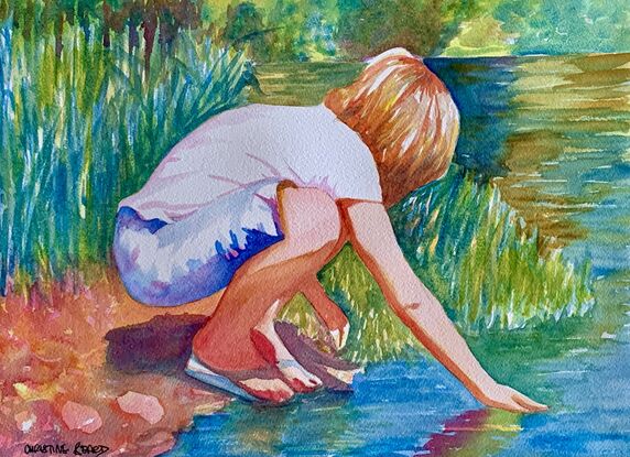 An artwork depicting a girl making ripples in a pond with her hand, basking in the sunlight.