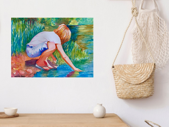 An artwork depicting a girl making ripples in a pond with her hand, basking in the sunlight.