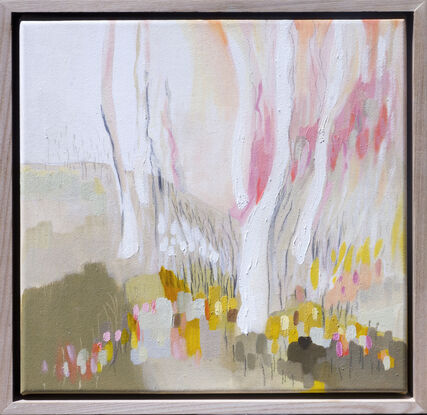 An abstract landscape with soft beiges, whites and peachy pink textures.