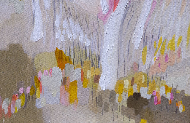 An abstract landscape with soft beiges, whites and peachy pink textures.