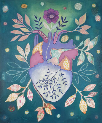 Original artwork by artist Libby Mills. A mixed media painting of a human heart. Vibrant in colour with teals, purples, pinks, orange and more.  Floral patterns with leaves coming out of the heart in a patchwork/ illustrative manner.