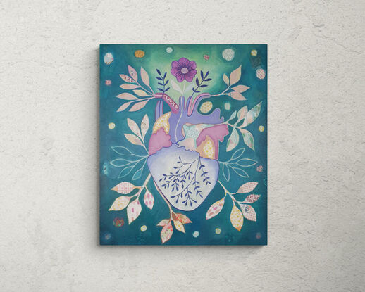 Original artwork by artist Libby Mills. A mixed media painting of a human heart. Vibrant in colour with teals, purples, pinks, orange and more.  Floral patterns with leaves coming out of the heart in a patchwork/ illustrative manner.