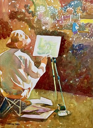 artwork showing an artist painting a garden view en plein air sat on a little stool
