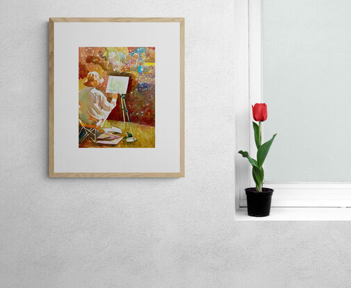 artwork showing an artist painting a garden view en plein air sat on a little stool
