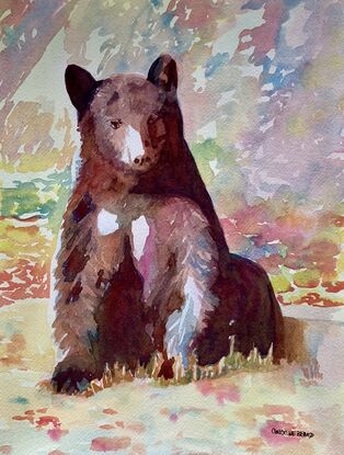 artwork featuring an American Black Bear sitting on the ground and looking at the camera

