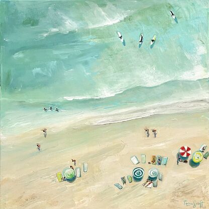 Ocean scene. Aerial view with beach umbrellas. Seaside painting with people. People are swimming, surfing  and sunbaking. The water is green and turquoise. 