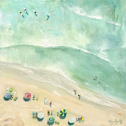 Ocean scene. Aerial view with beach umbrellas. Seaside painting with people. People are swimming, surfing  and sunbaking. The water is green and turquoise. 