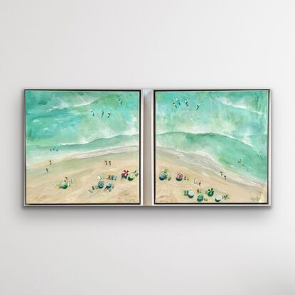 Ocean scene. Aerial view with beach umbrellas. Seaside painting with people. People are swimming, surfing  and sunbaking. The water is green and turquoise. 