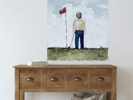 Original Figurative Painting featuring a golfer. Painting with a palette knife and brush on stretch canvas
