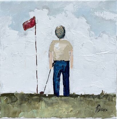 Original Figurative Painting featuring a golfer. Painting with a palette knife and brush on stretch canvas
