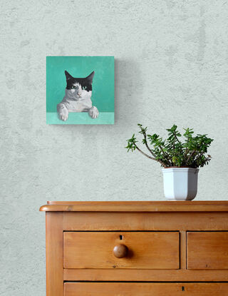 The bust and paws of a black and white cat, looking directly at the viewer, the background matching it's mint-green eyes.