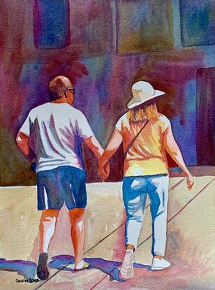 An artwork depicting a couple walking together in companionable silence.