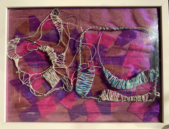 I used the wire to create a drawing with textures, shapes and abstract forms. I used small cuts of felt and I reassembled them on the surface. I brought all the elements together to create my artwork and I used a found frame. I wanted to create a drawing withy different materials, to experiment in the realm of expanded drawing. I have been using wire in my drawing practice in a different way and I I wanted textiles and found objects to create an assemblage, something between college and sculpture. I like being able to use materials that I already have or find things in op shops or council clean ups. This really helps in reducing waste to help our planet and have a great impact in saving the environment that we live in. We are part of nature. We are part of earth. Reduce, recycle, reuse. That is the important message Out of something old, something new can re-emerge. 