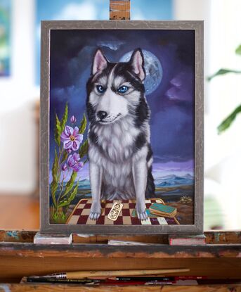 Husky dog with tarot cards