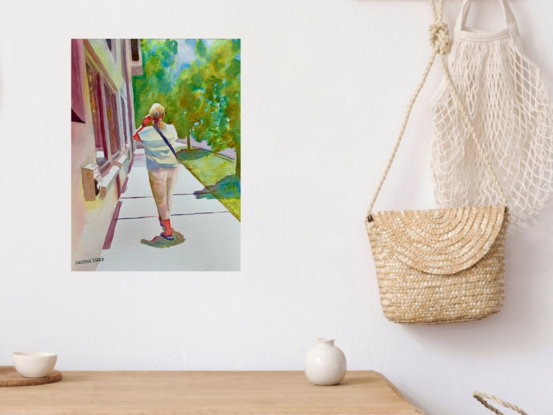 artwork showing a woman walking along the street in Lilyfield, a Sydney suburb
