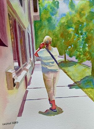 artwork showing a woman walking along the street in Lilyfield, a Sydney suburb
