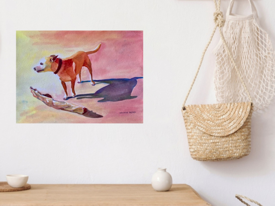 artwork featuring a dog playing fetch with a piece of bark on a sunny beach