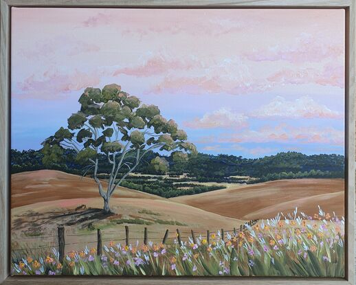 rolling hills, gum trees, farm fences and wildflowers on sunset