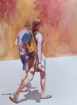 artwork showing a couple walking along the street in a Sydney suburb
