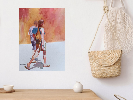 artwork showing a couple walking along the street in a Sydney suburb
