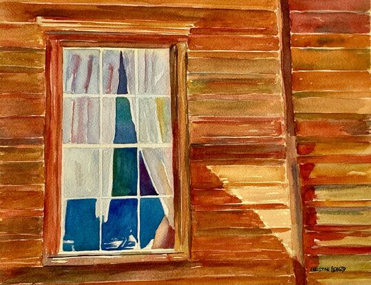 artwork showing a close up of a window in a log cabin

