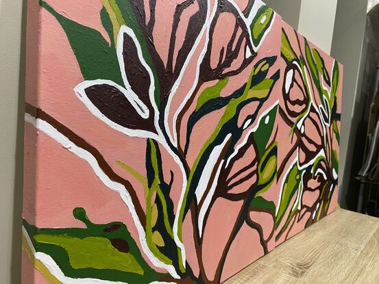 A warm peachy background with striking floral outlines in burgundy and brown highlighted by green leaves and white focus points. There is a positive happy feeling to these vibrant pieces that shout of summer. This is a strong composition of two bold works that shout out in design and colour.