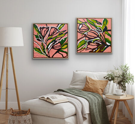 A warm peachy background with striking floral outlines in burgundy and brown highlighted by green leaves and white focus points. There is a positive happy feeling to these vibrant pieces that shout of summer. This is a strong composition of two bold works that shout out in design and colour.