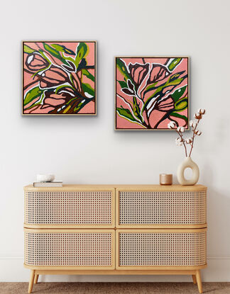 A warm peachy background with striking floral outlines in burgundy and brown highlighted by green leaves and white focus points. There is a positive happy feeling to these vibrant pieces that shout of summer. This is a strong composition of two bold works that shout out in design and colour.