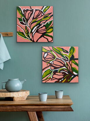 A warm peachy background with striking floral outlines in burgundy and brown highlighted by green leaves and white focus points. There is a positive happy feeling to these vibrant pieces that shout of summer. This is a strong composition of two bold works that shout out in design and colour.