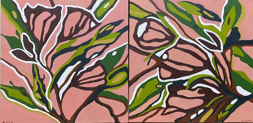 A warm peachy background with striking floral outlines in burgundy and brown highlighted by green leaves and white focus points. There is a positive happy feeling to these vibrant pieces that shout of summer. This is a strong composition of two bold works that shout out in design and colour.