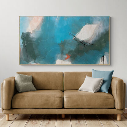 neutral and subtle green, teal and light blue tones blended with areas of blush, grey, white and black expressive marks across an extra large canvas