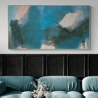 neutral and subtle green, teal and light blue tones blended with areas of blush, grey, white and black expressive marks across an extra large canvas