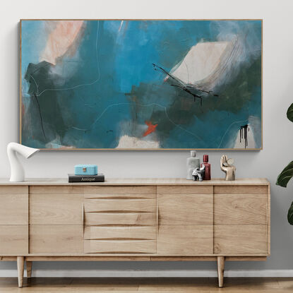 neutral and subtle green, teal and light blue tones blended with areas of blush, grey, white and black expressive marks across an extra large canvas