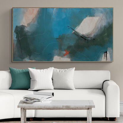 neutral and subtle green, teal and light blue tones blended with areas of blush, grey, white and black expressive marks across an extra large canvas