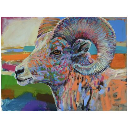 an expressive, brightly juxtaposed painting of a ram in acrylic paint with expressive, pop style brush work in crazy colours - loose canvas roll, requires framing. 