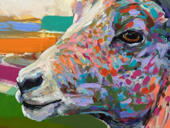 an expressive, brightly juxtaposed painting of a ram in acrylic paint with expressive, pop style brush work in crazy colours - loose canvas roll, requires framing. 