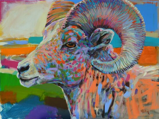 an expressive, brightly juxtaposed painting of a ram in acrylic paint with expressive, pop style brush work in crazy colours - loose canvas roll, requires framing. 