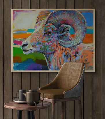 an expressive, brightly juxtaposed painting of a ram in acrylic paint with expressive, pop style brush work in crazy colours - loose canvas roll, requires framing. 