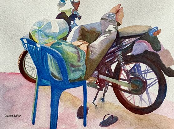 artwork showing a man asleep resting his legs on his motor bike
