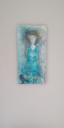 encaustic art of girl with bob holding fennel flower whilst crow with cicada wing is at her feet.