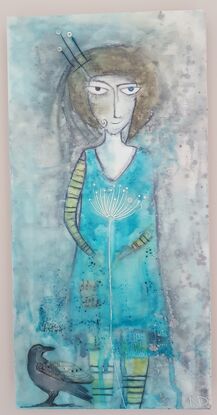 encaustic art of girl with bob holding fennel flower whilst crow with cicada wing is at her feet.