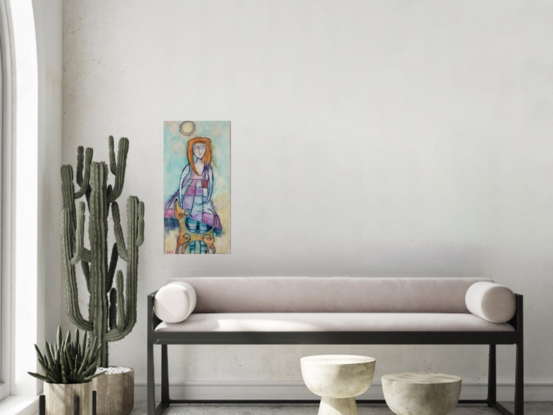 Encaustic art of girl with dog and dragonfly on a summer day