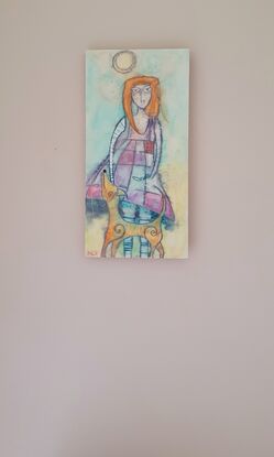 Encaustic art of girl with dog and dragonfly on a summer day