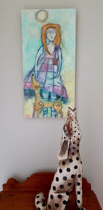 Encaustic art of girl with dog and dragonfly on a summer day