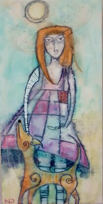 Encaustic art of girl with dog and dragonfly on a summer day