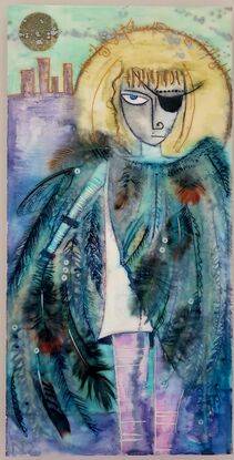 encaustic art of youth with cloak of wings made from real feathers imbedded in wax. A stubborn love of the idea of being able to fly